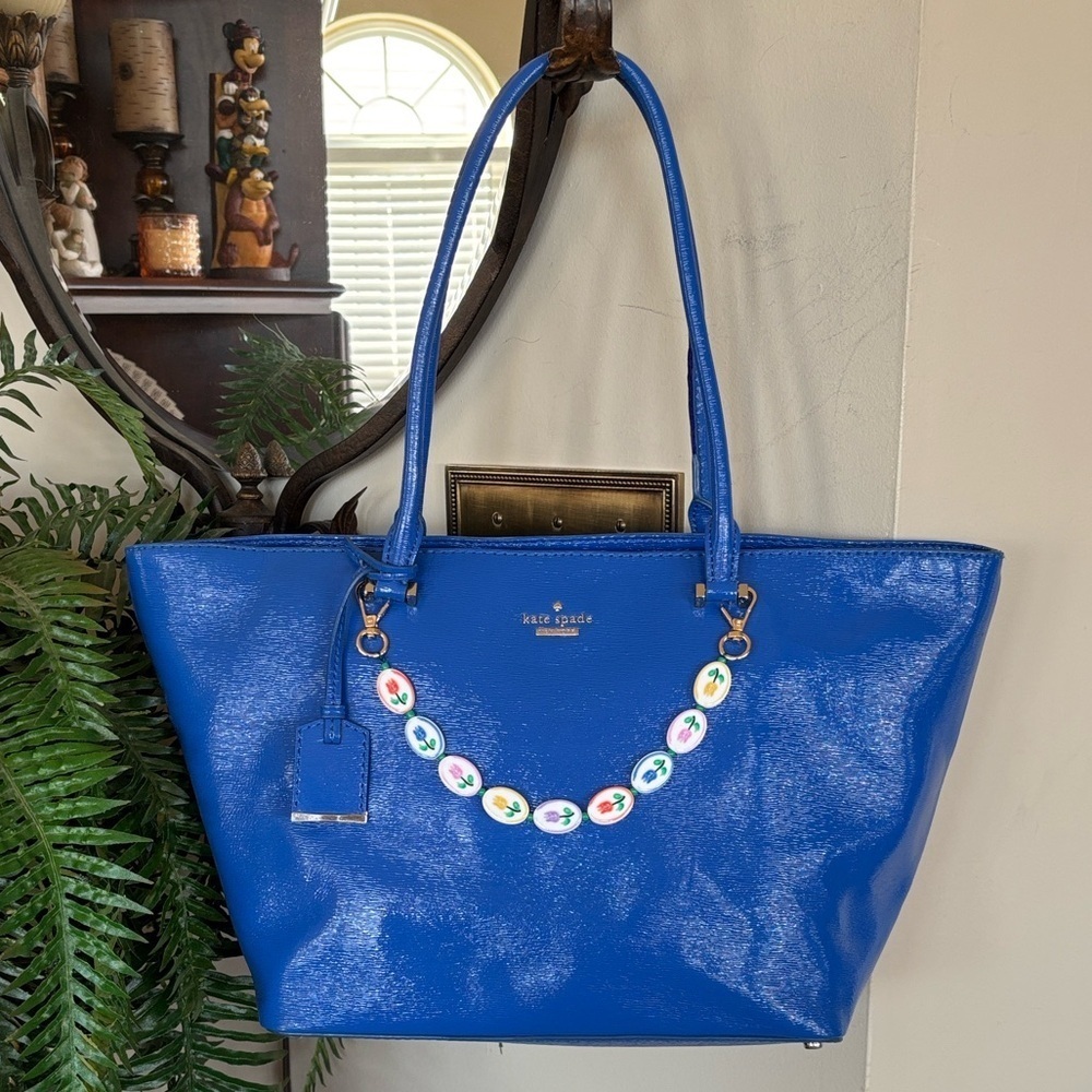 Kate Spade Patent Leather Cedar Street Royal Blue Zippered Shopper Office Tote